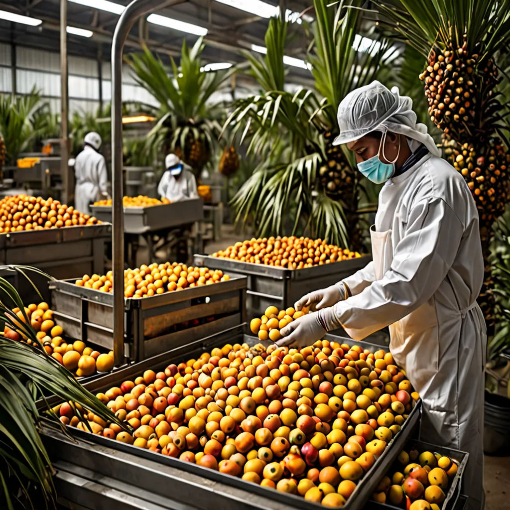 a man in a white suit and mask working in a fruit factory with lots of oranges on tables, les automatistes, a stock photo, Cao Zhibai, orange