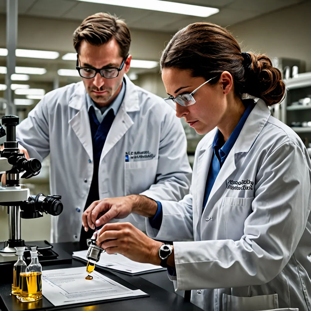 two people in lab coats looking at a microscope and a microscope with a liquid in it and a test tube, academic art, a stock photo, Enguerrand Quarton, zeiss lens