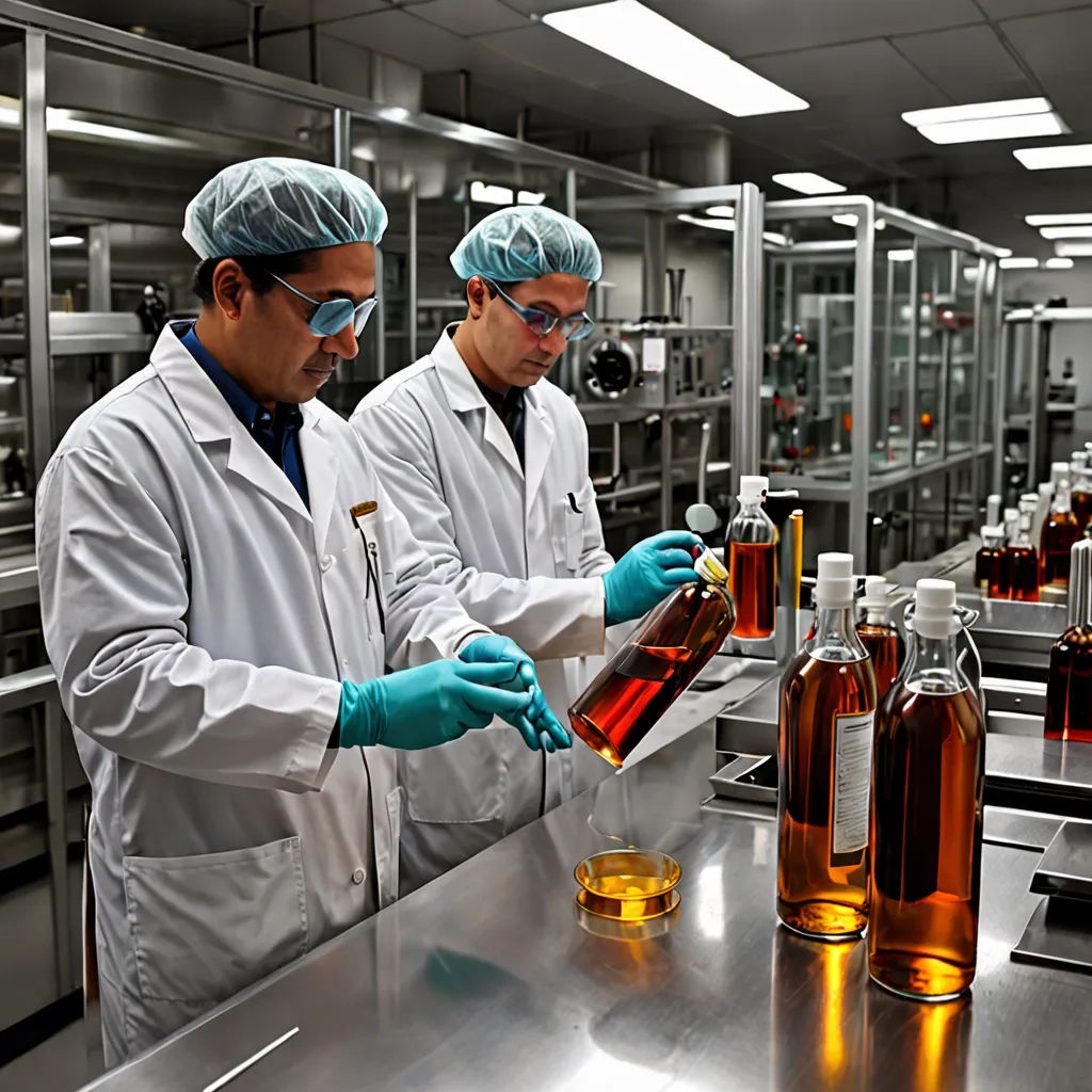 two men in white coats and blue gloves are pouring liquid into bottles on a conveyor belt in a factory, process art, a stock photo, Enguerrand Quarton, oil