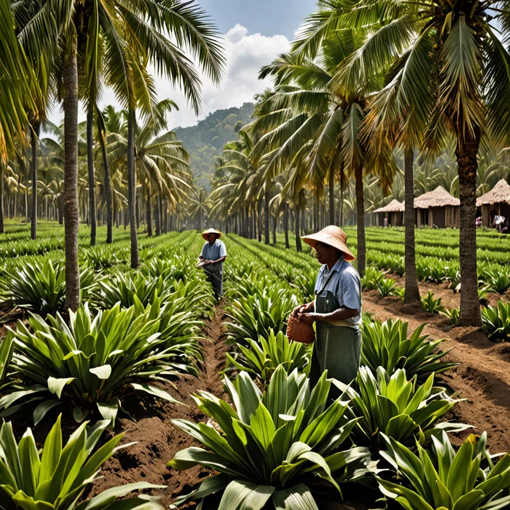 a couple of people standing in a field of plants and trees with a sky background and a few palm trees, environmental art, a stock photo, Andreas Gursky, award-winning photograph