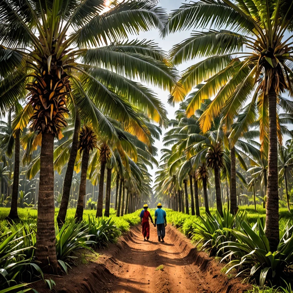 two people walking down a dirt road between palm trees and a field of crops on both sides of the road, samikshavad, a stock photo, Daniel Lieske, palm trees