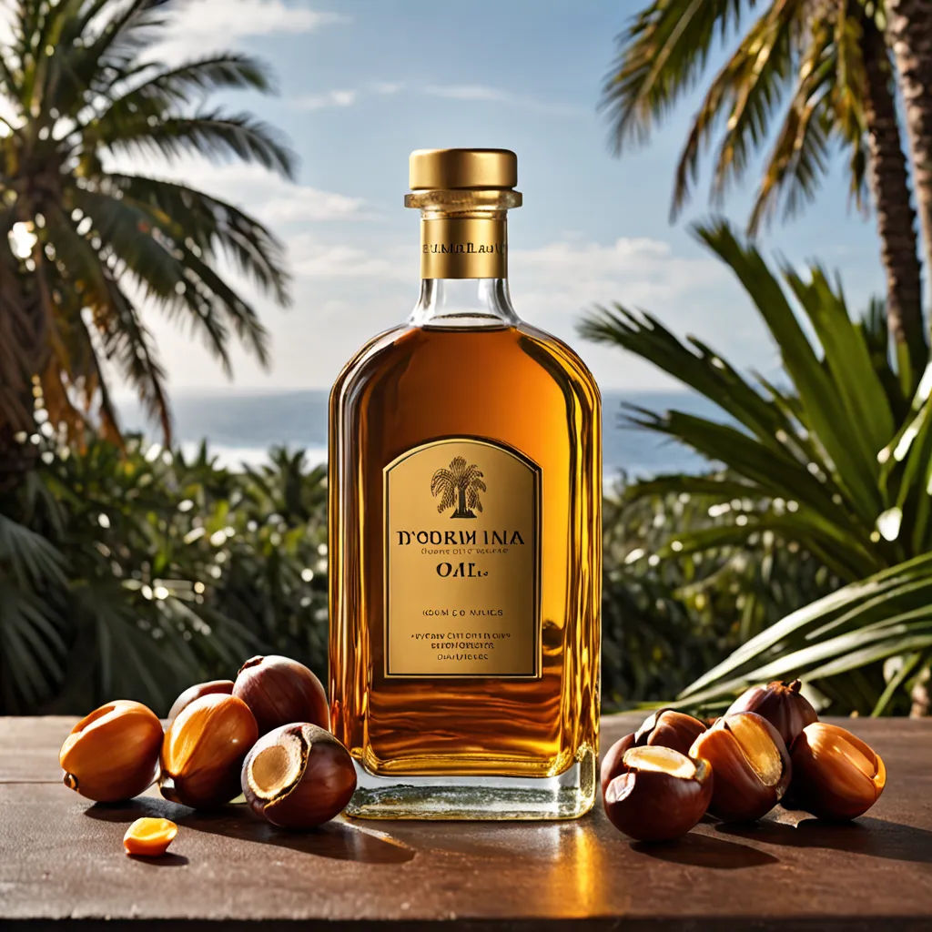 a bottle of torcela oil sitting on a table next to some nuts and a palm tree in the background, fantastic realism, a still life, Dom Qwek, product photography