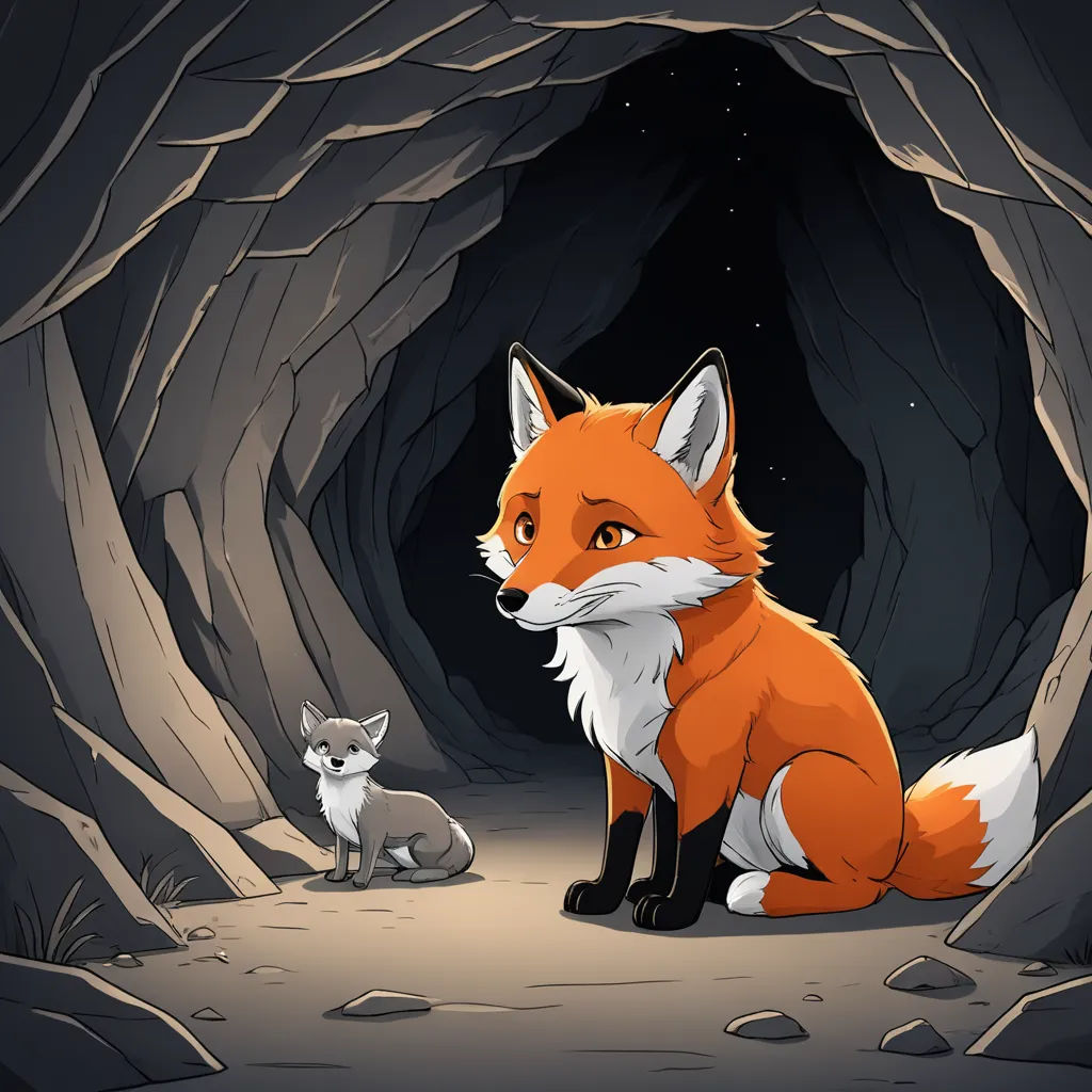 a fox and a fox sitting in a cave with rocks and a star in the sky above them,, furry art, a storybook illustration, Cyril Rolando, storybook illustration