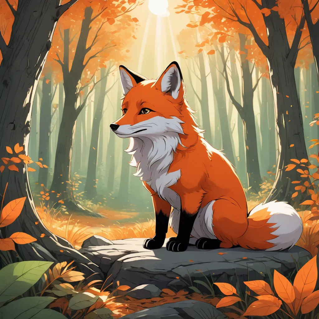 a fox sitting on a rock in a forest with leaves around it and a bright light coming from behind it, furry art, a painting, Brom, orange