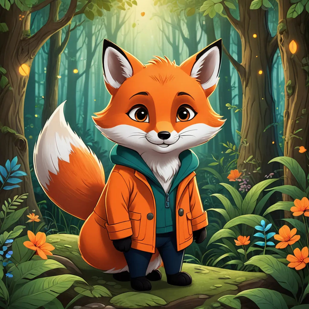 a cartoon fox in a forest with flowers and leaves around him, wearing an orange jacket and blue pants, furry art, a character portrait, Diego Gisbert Llorens, official art