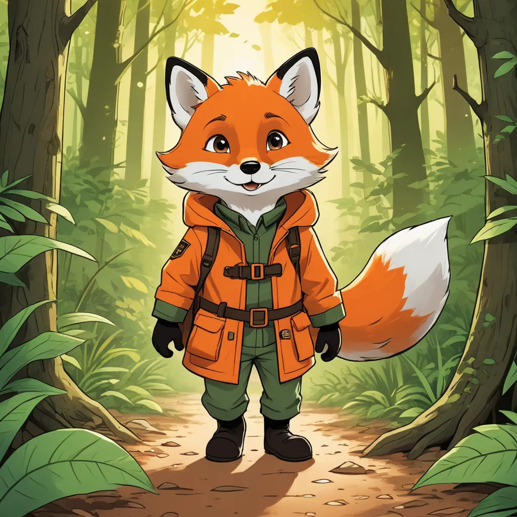 a cartoon fox in a forest with a jacket on and a backpack on his back, standing in the middle of a path, furry art, a character portrait, Cliff Childs, official art