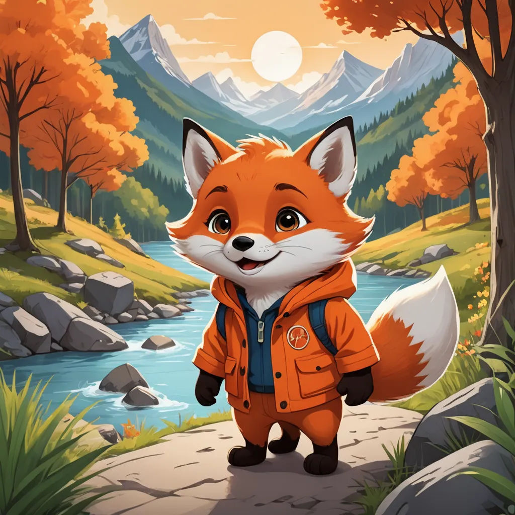 a cartoon fox with a backpack standing in a forest by a river with mountains and trees in the background, sots art, a character portrait, Cliff Childs, official art