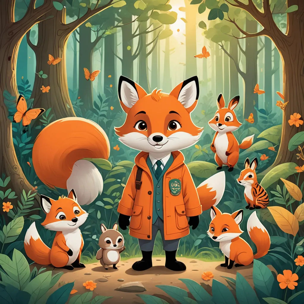 a man standing in the middle of a forest with foxes and other animals around him, with a forest background, furry art, a storybook illustration, Diego Gisbert Llorens, official art