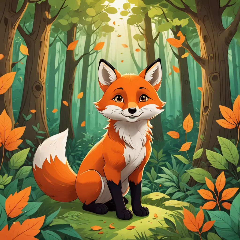 a red fox sitting in the middle of a forest with leaves on the ground and trees in the background, furry art, a storybook illustration, Diego Gisbert Llorens, official art