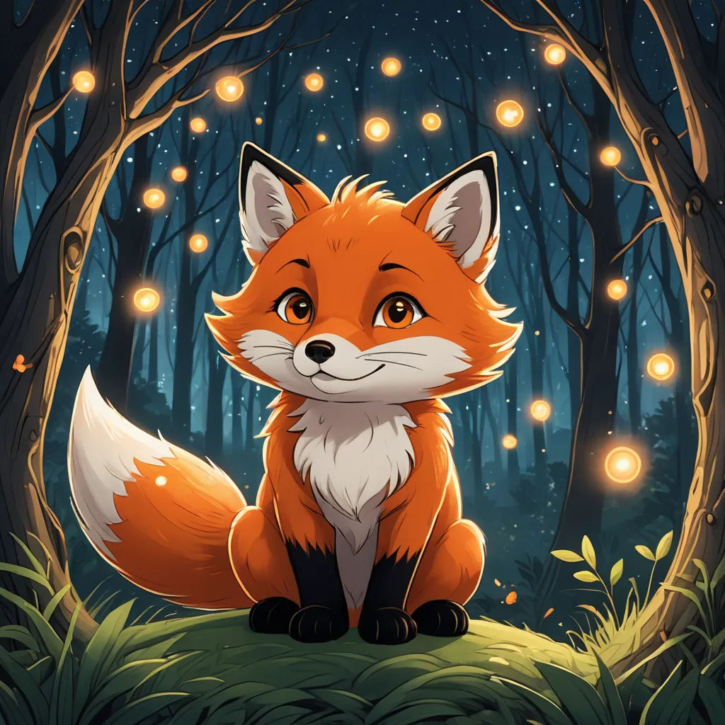 a red fox sitting in the middle of a forest with lights on it's trees and grass around it, furry art, a character portrait, Caspar Wolf, fireflies