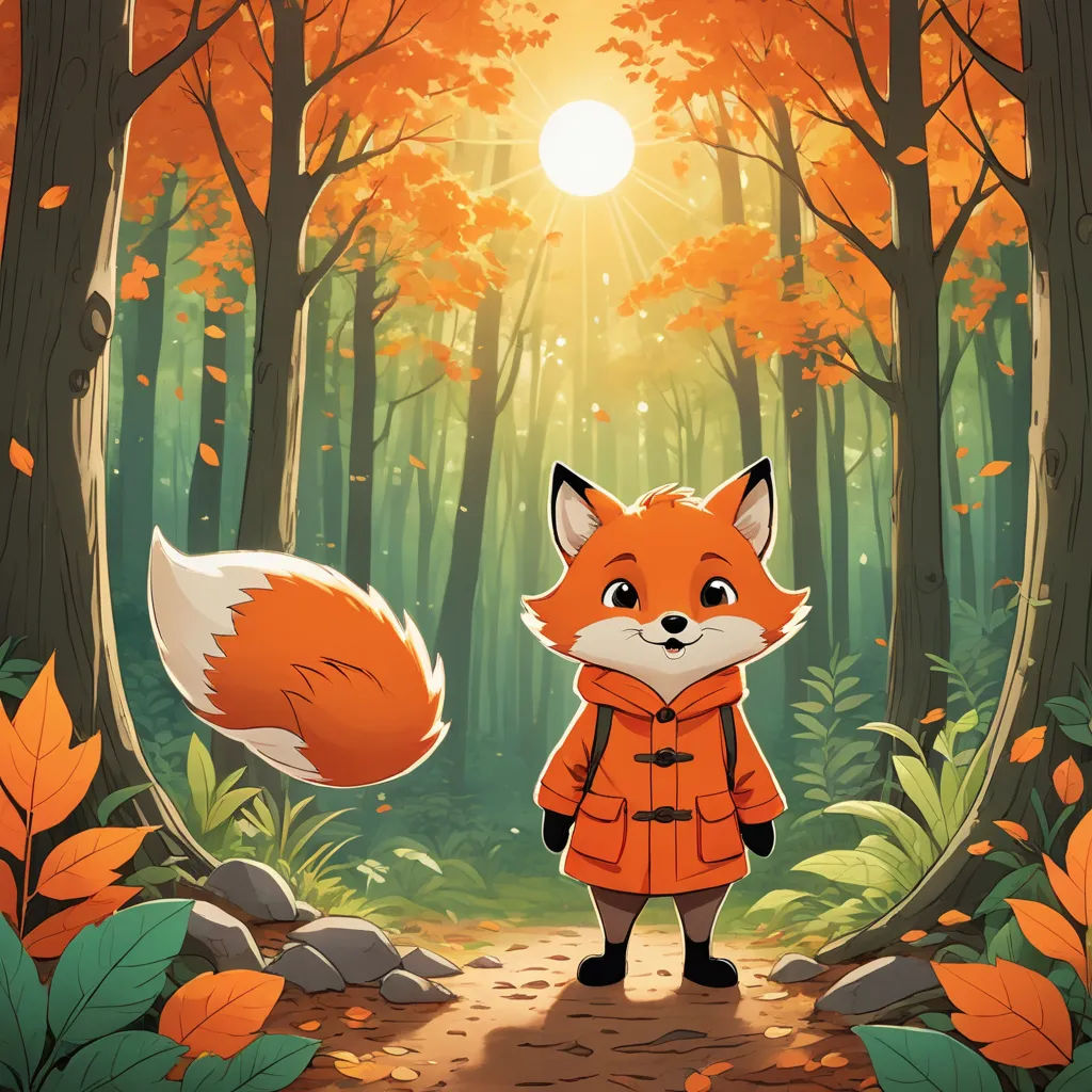 a fox in a red coat stands in a forest with leaves and rocks, looking at the sun through the trees, furry art, a storybook illustration, Diego Gisbert Llorens, official art