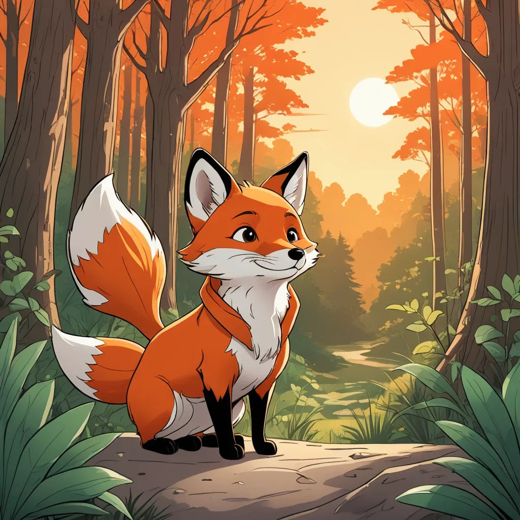 a fox sitting in the middle of a forest with a sun in the background and trees around it,, sots art, a character portrait, artist, character portrait