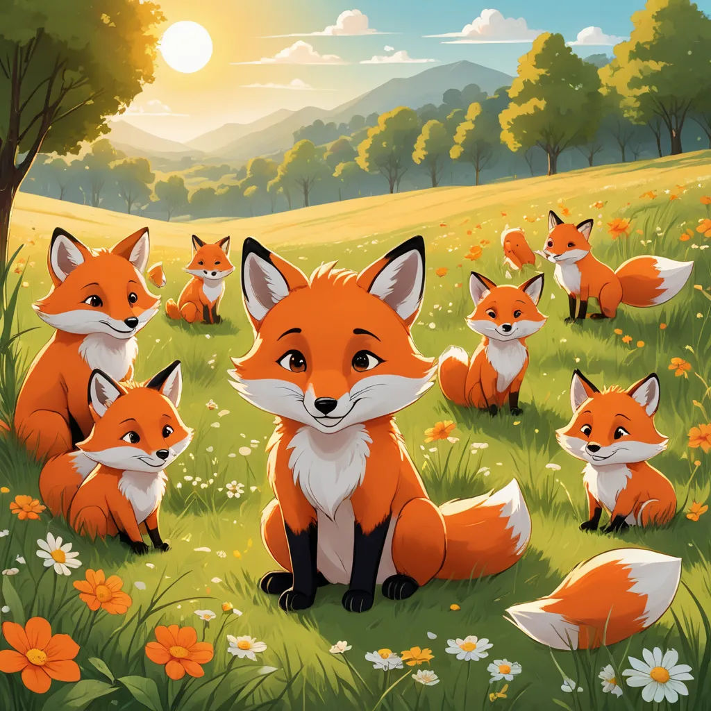 a painting of a fox family in a field of flowers and grass with the sun in the background and a mountain range in the distance, furry art, a storybook illustration, Anne Said, official art