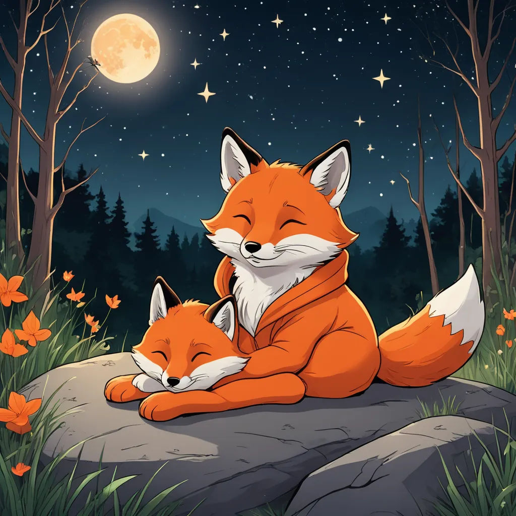 a couple of foxes sitting on top of a rock under a full moon and stars sky with trees and flowers, furry art, a storybook illustration, Caspar Wolf, cute and funny