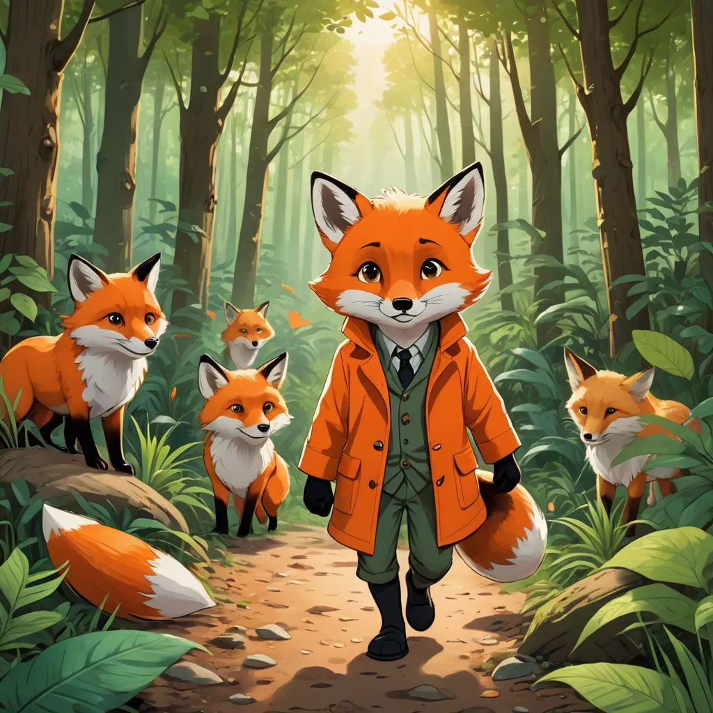 a man in a suit and tie walking through a forest with foxes on the ground and a fox on the ground, furry art, poster art, Cliff Childs, official art