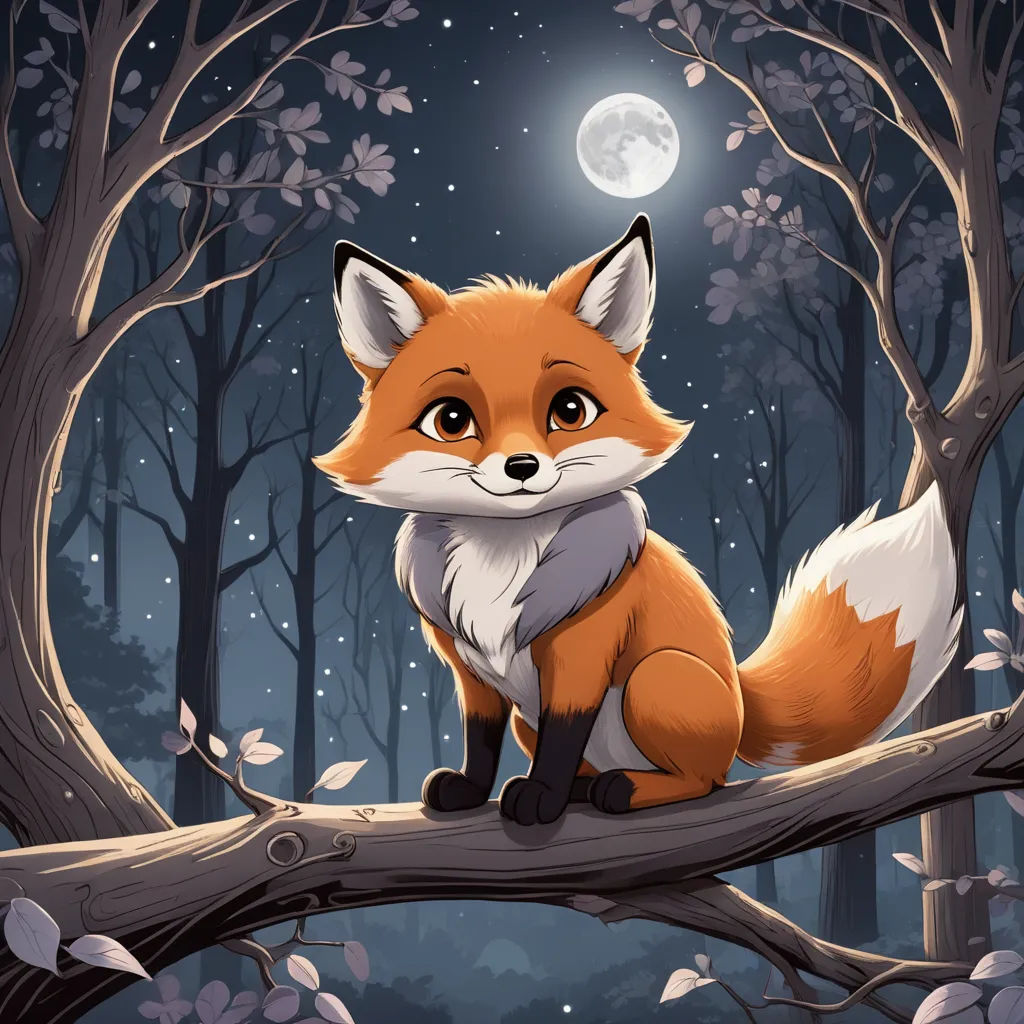 a fox sitting on a tree branch in the woods at night with a full moon in the background and leaves on the ground, furry art, a storybook illustration, Cliff Childs, official art