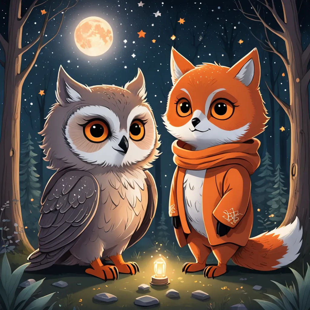 two owls sitting on a tree stump in the woods at night with a lantern in their paws and a full moon in the sky, fantasy art, a storybook illustration, Dan Mumford, rossdraws global illumination