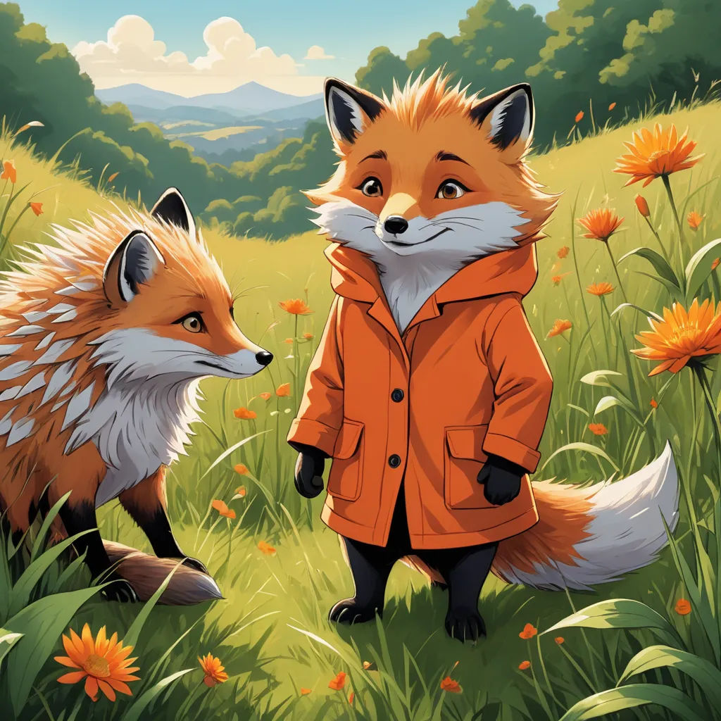 a painting of two foxes in a field of flowers and grass with a mountain in the background and a sky with clouds, furry art, a storybook illustration, Aaron Jasinski, official art