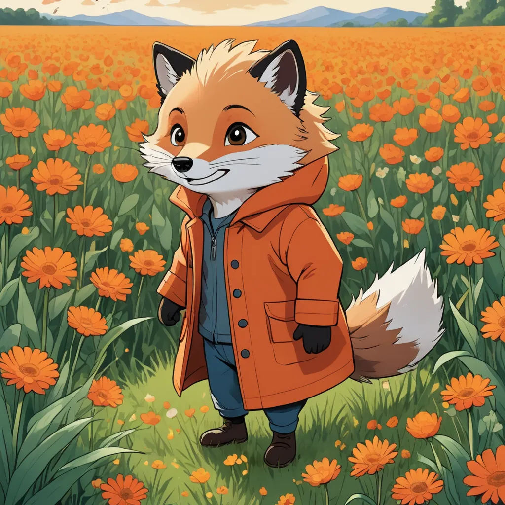 a fox in a field of flowers with a jacket on and a jacket on, and a bird flying over it, furry art, a painting, Aaron Jasinski, official art