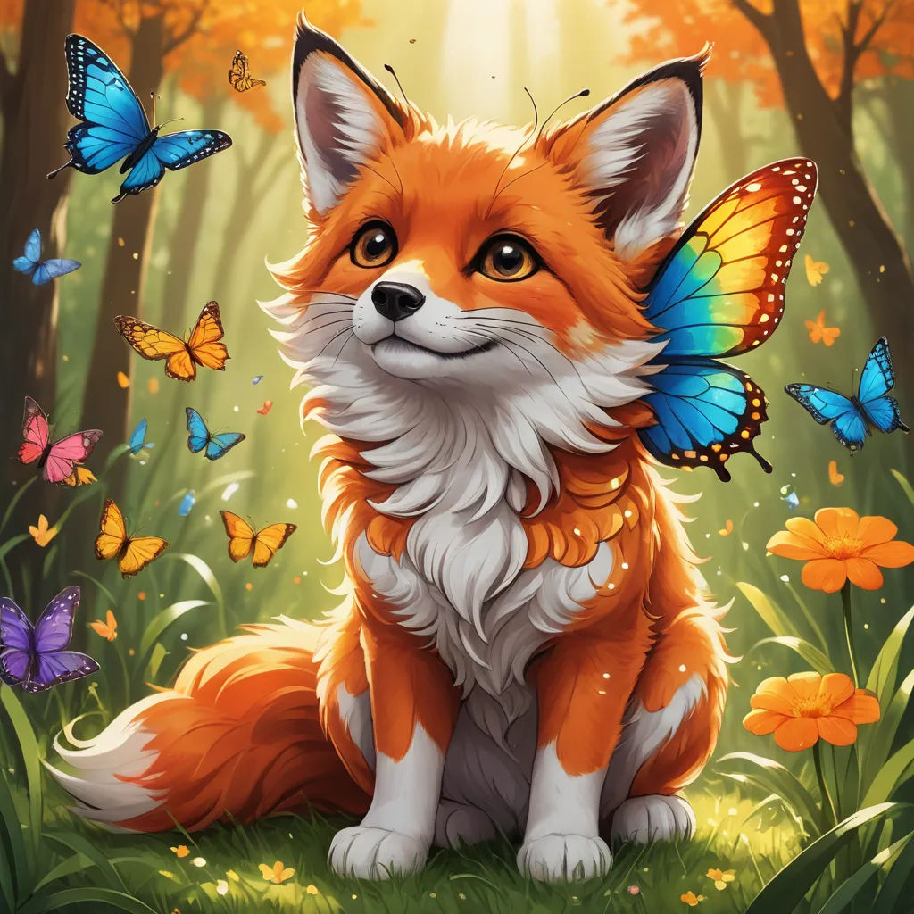 a painting of a fox with butterflies around it's neck and eyes, sitting in the grass with flowers and butterflies around it, furry art, a fine art painting, Cyril Rolando, game art