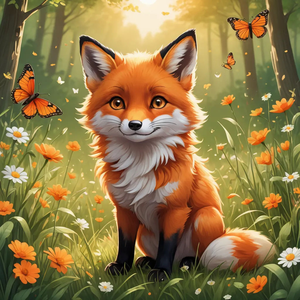 a painting of a fox sitting in a forest with butterflies flying around it and a butterfly in the background, furry art, a painting, Anne Stokes, orange