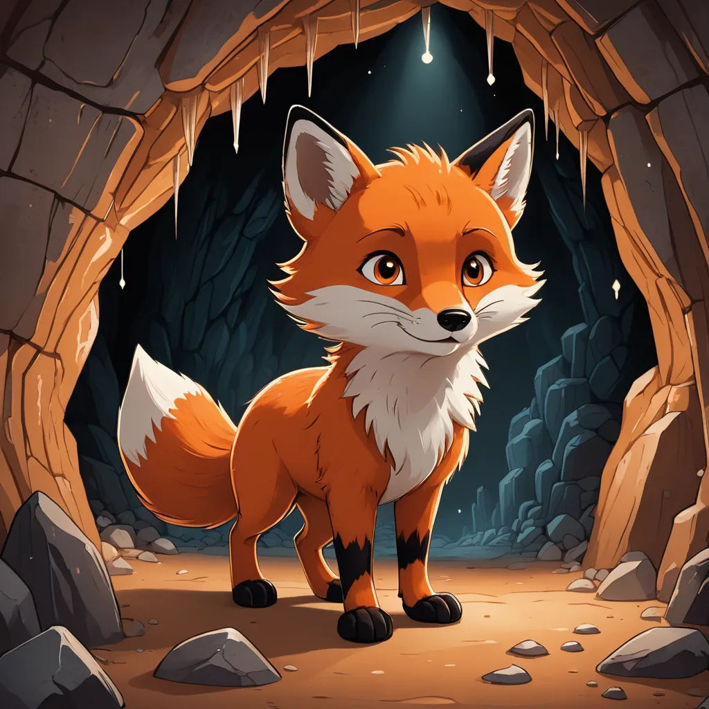 a fox standing in a cave with rocks and a light shining on it's face and head, with a cave entrance in the background, furry art, a cave painting, Cliff Childs, official art