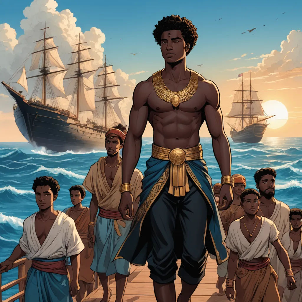 a man in a costume standing on a dock with a group of people behind him and a ship in the background, afrofuturism, a comic book panel, Cedric Seaut (Keos Masons), graphic novel