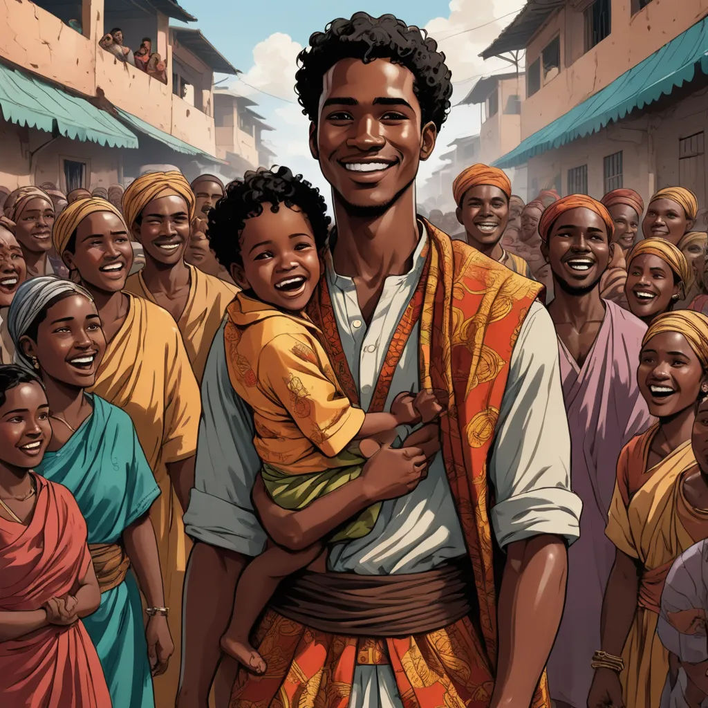 a man holding a child in front of a crowd of people in a village with buildings and a sky background, afrofuturism, a comic book panel, Cedric Seaut (Keos Masons), graphic novel