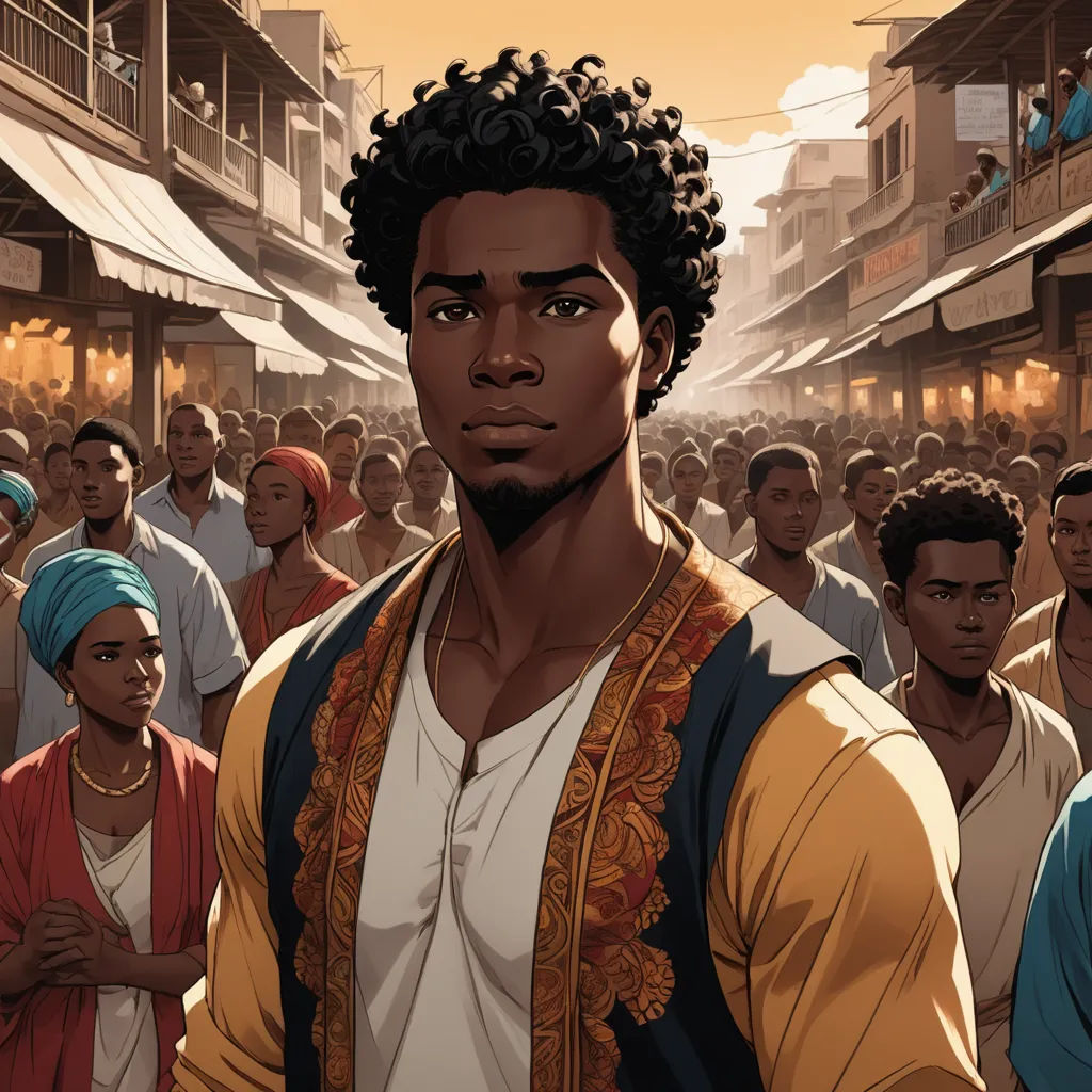 a man standing in front of a crowd of people in a city street with a yellow background and a black man with a blue headband, harlem renaissance, a comic book panel, Cedric Seaut (Keos Masons), graphic novel