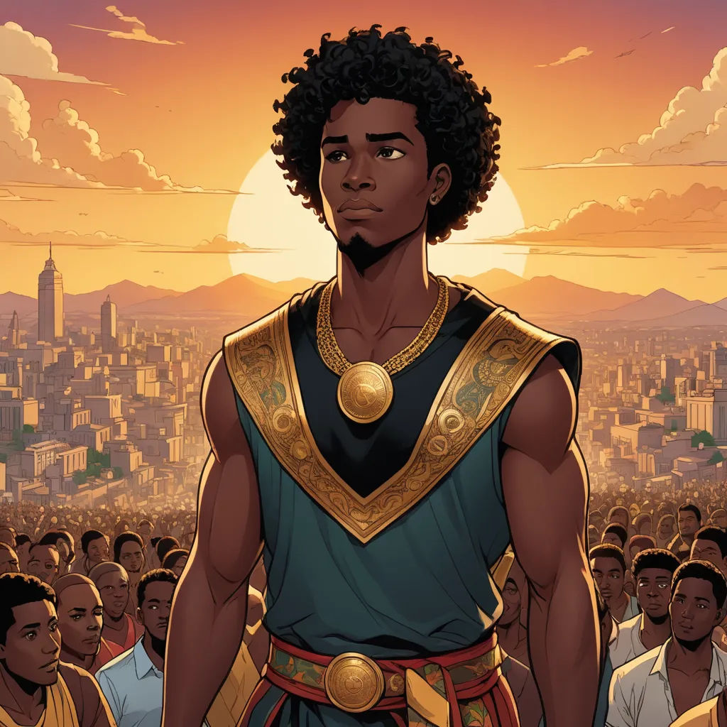 a man in a costume standing in front of a crowd of people in a city at sunset with a sun setting, afrofuturism, a comic book panel, Cedric Seaut (Keos Masons), graphic novel