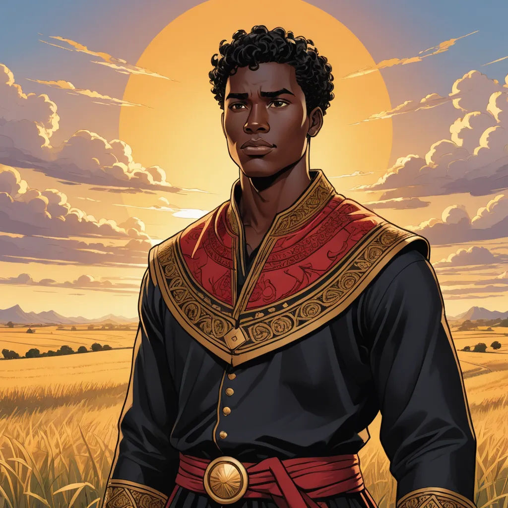 a man in a black and red outfit standing in a field of wheat with the sun in the background, afrofuturism, a character portrait, Cedric Seaut (Keos Masons), comic cover art
