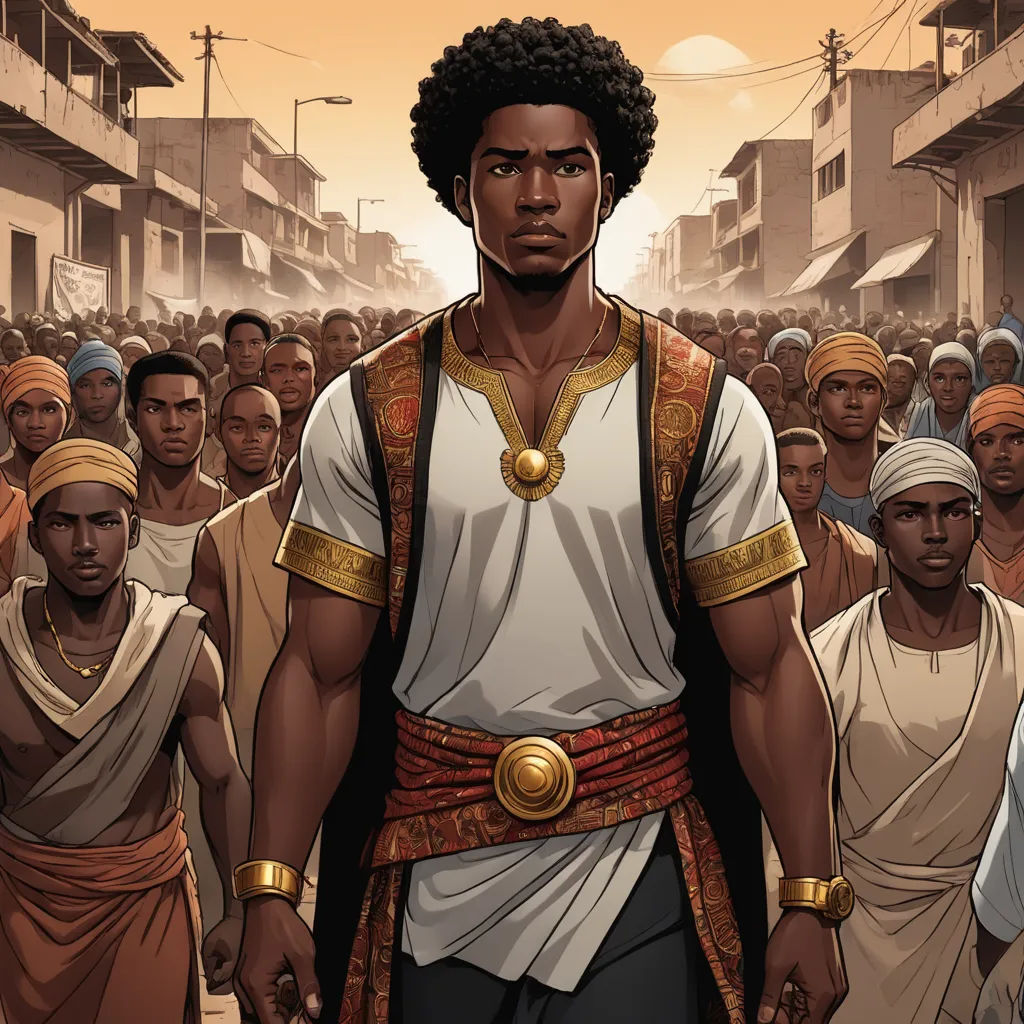 a man in a white shirt and gold belt standing in front of a crowd of people in ancient egypt, afrofuturism, a comic book panel, Cedric Seaut (Keos Masons), graphic novel