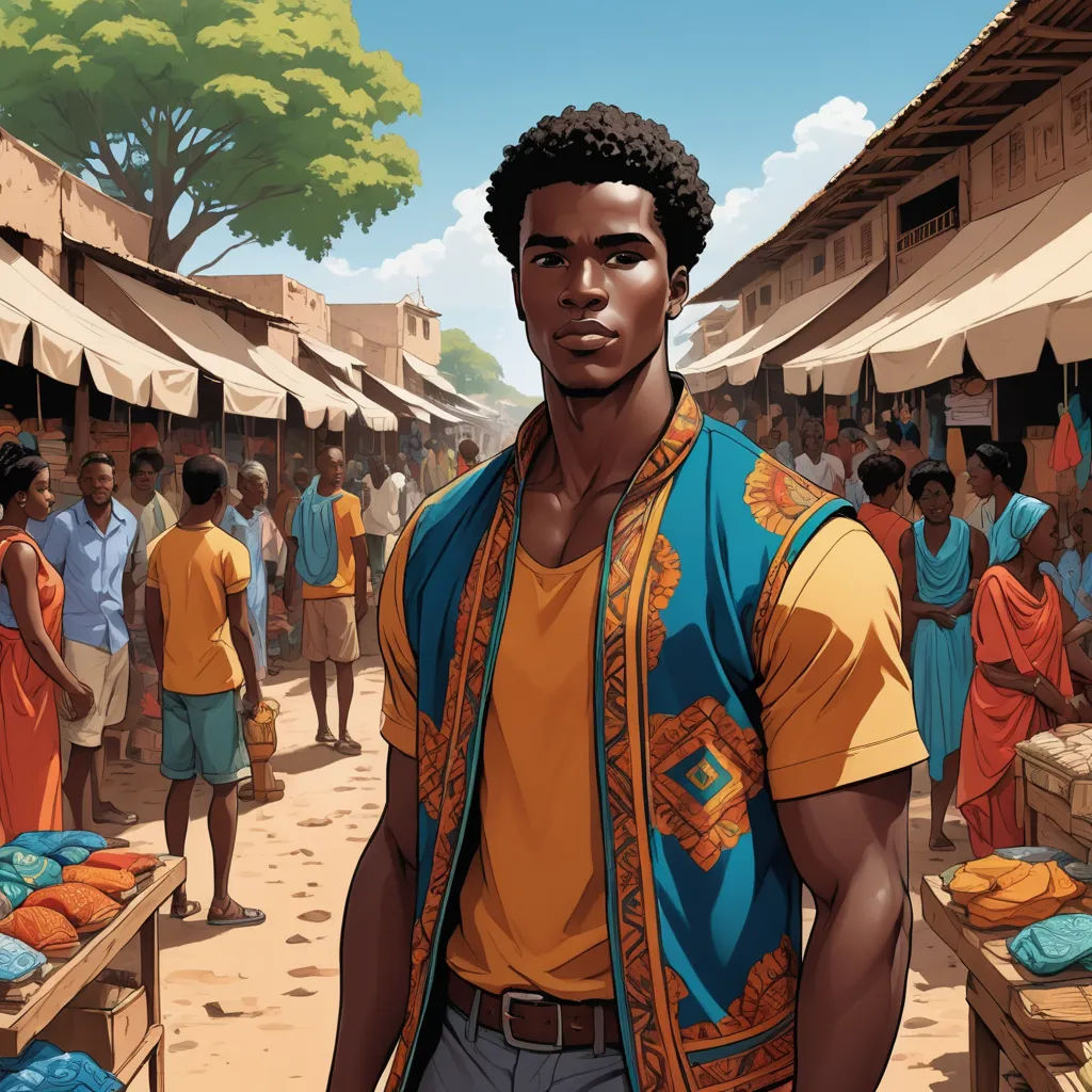 a man standing in front of a market with a lot of people in the background and a man in a blue vest, afrofuturism, a comic book panel, Cedric Seaut (Keos Masons), graphic novel