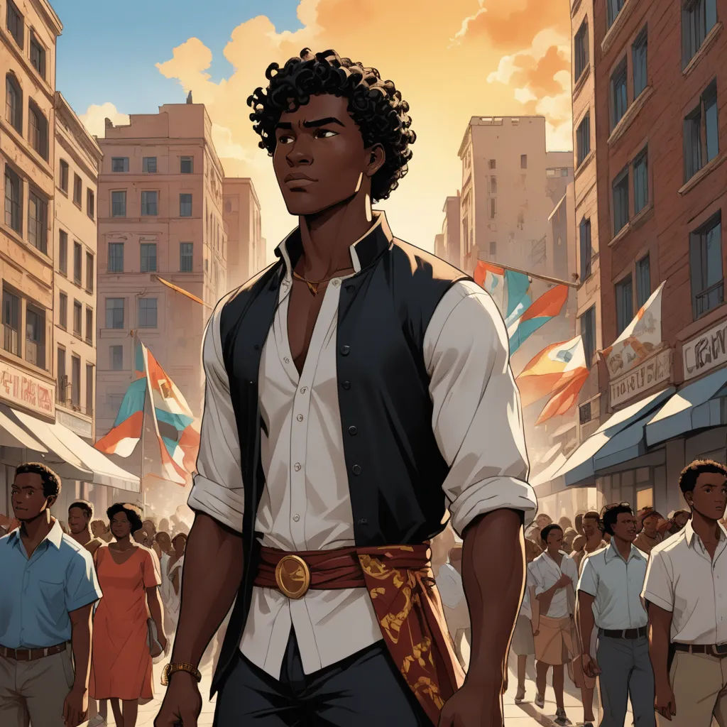 a man in a white shirt and black vest standing in front of a crowd of people in a city, harlem renaissance, a comic book panel, Cedric Seaut (Keos Masons), official art