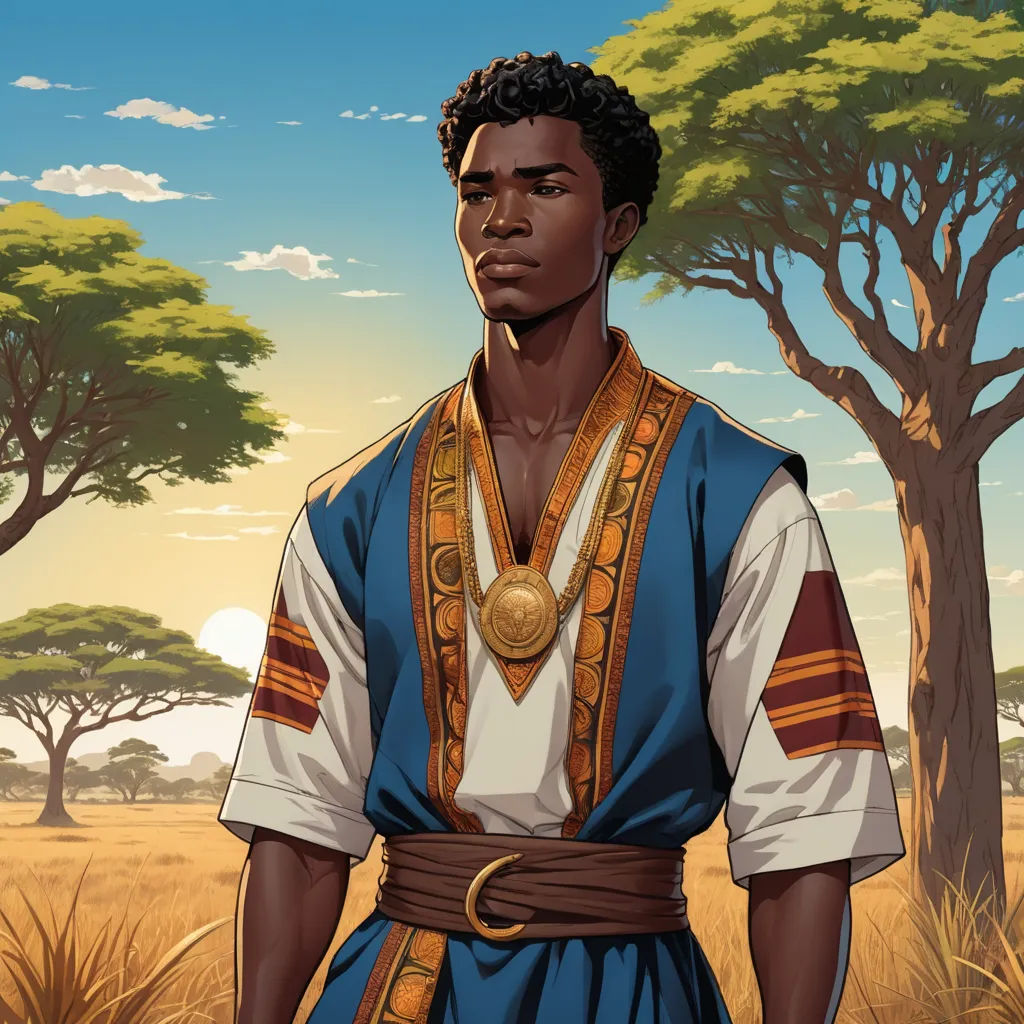 a man in a blue and white outfit standing in a field with trees in the background and a sky with clouds, afrofuturism, a character portrait, Cedric Seaut (Keos Masons), official art