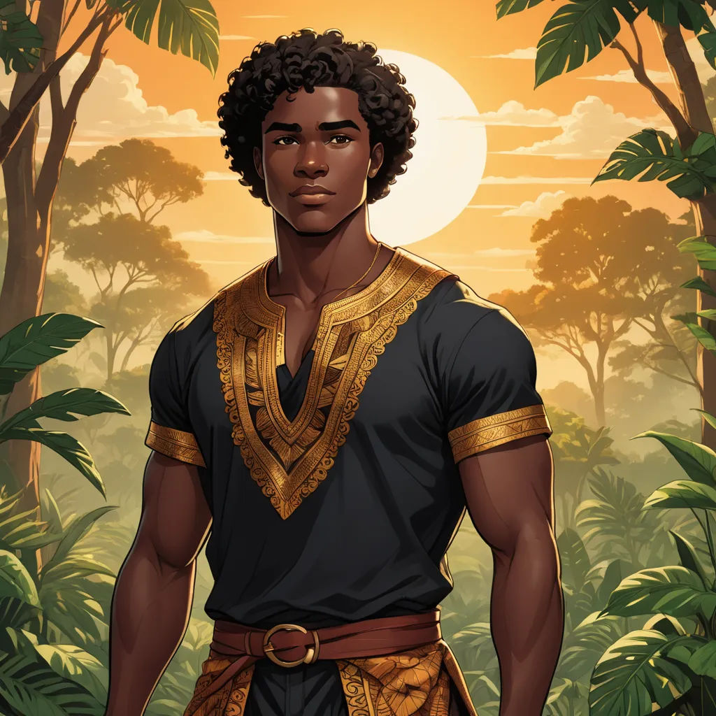 a man in a jungle with a golden belt and a black shirt on, standing in front of a sunset, afrofuturism, a character portrait, Cedric Seaut (Keos Masons), character portrait