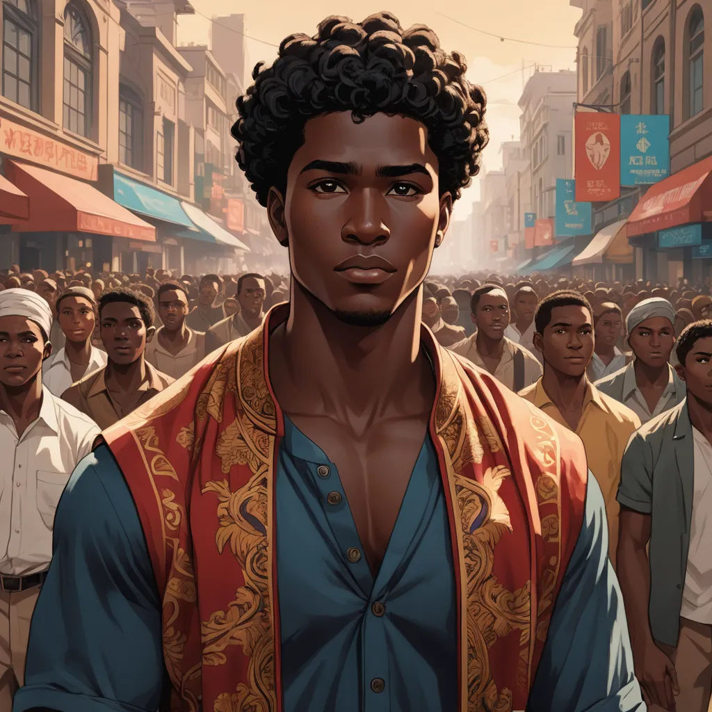 a man in a blue shirt and a crowd of people in a city street with a man in a red vest, harlem renaissance, a character portrait, Cedric Seaut (Keos Masons), graphic novel