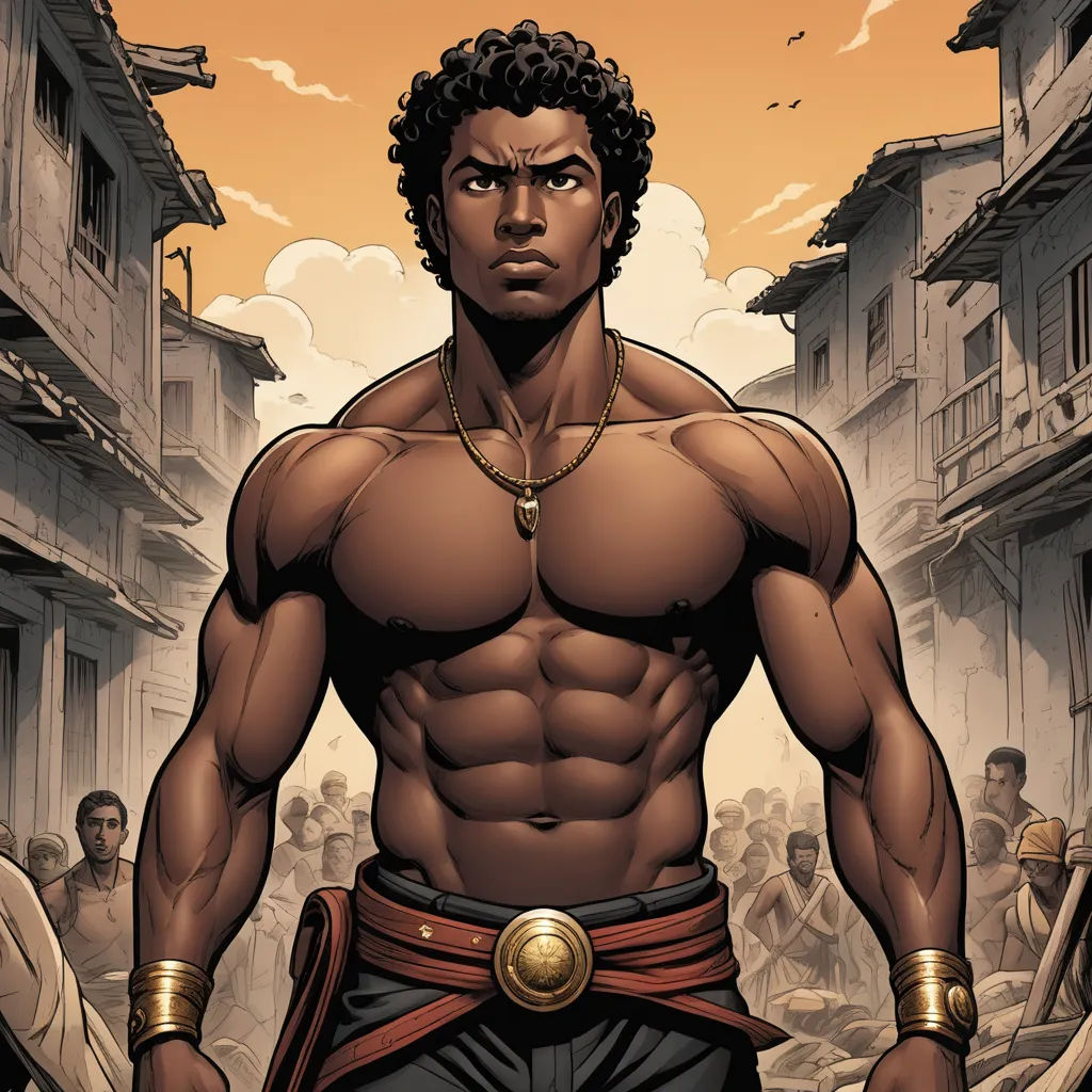 a man with a chain around his neck and a body with a gold ring around his neck and a chain around his neck, afrofuturism, a comic book panel, Altoon Sultan, comic cover art