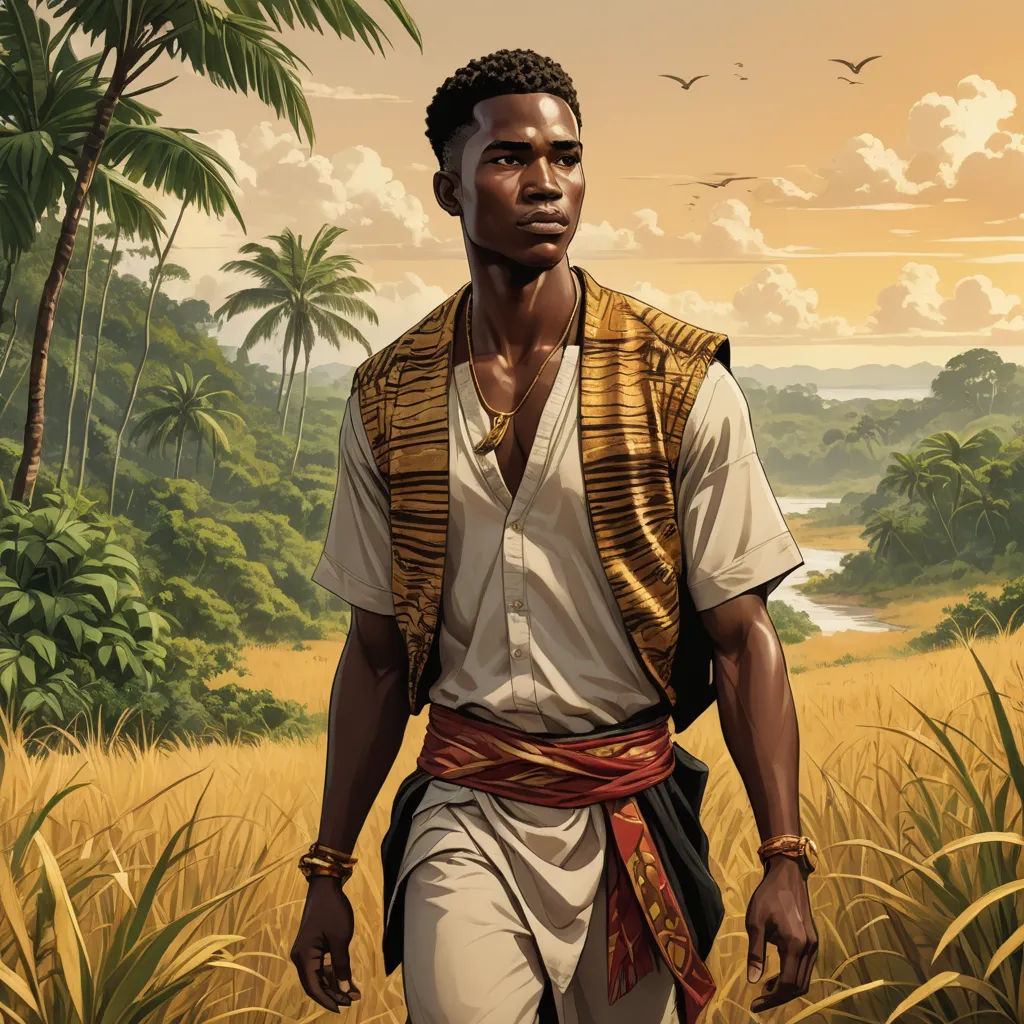 a man in a tropical setting with a bird flying overhead in the sky above him and a bird flying above him, afrofuturism, a character portrait, Allan Brooks, mars ravelo and greg rutkowski