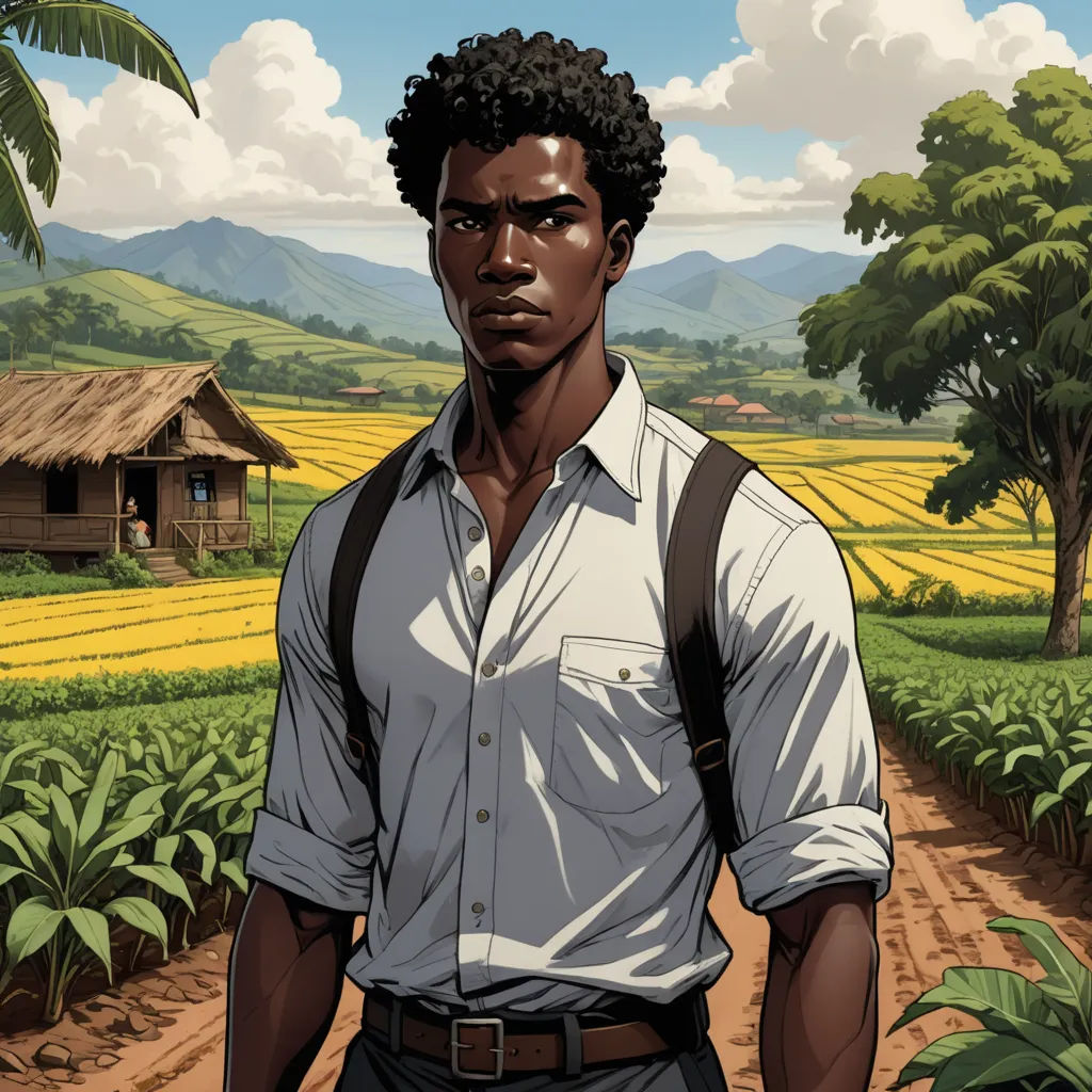 a man standing in a field with a house in the background and a tree in the foreground, with a house in the background, serial art, a character portrait, Cedric Seaut (Keos Masons), official art