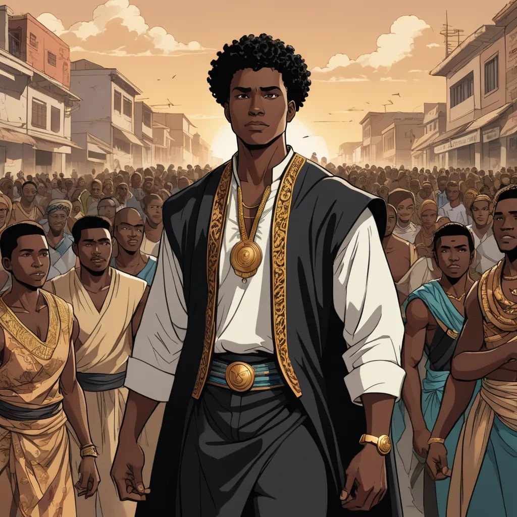 a man in a black and gold outfit standing in front of a crowd of people in a city street, afrofuturism, a comic book panel, Altoon Sultan, graphic novel