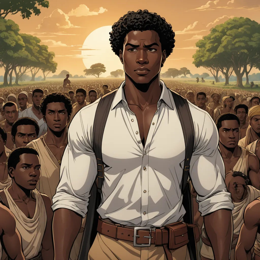 a man with a gun standing in front of a crowd of people in a field of trees and grass, harlem renaissance, a comic book panel, Cedric Seaut (Keos Masons), graphic novel