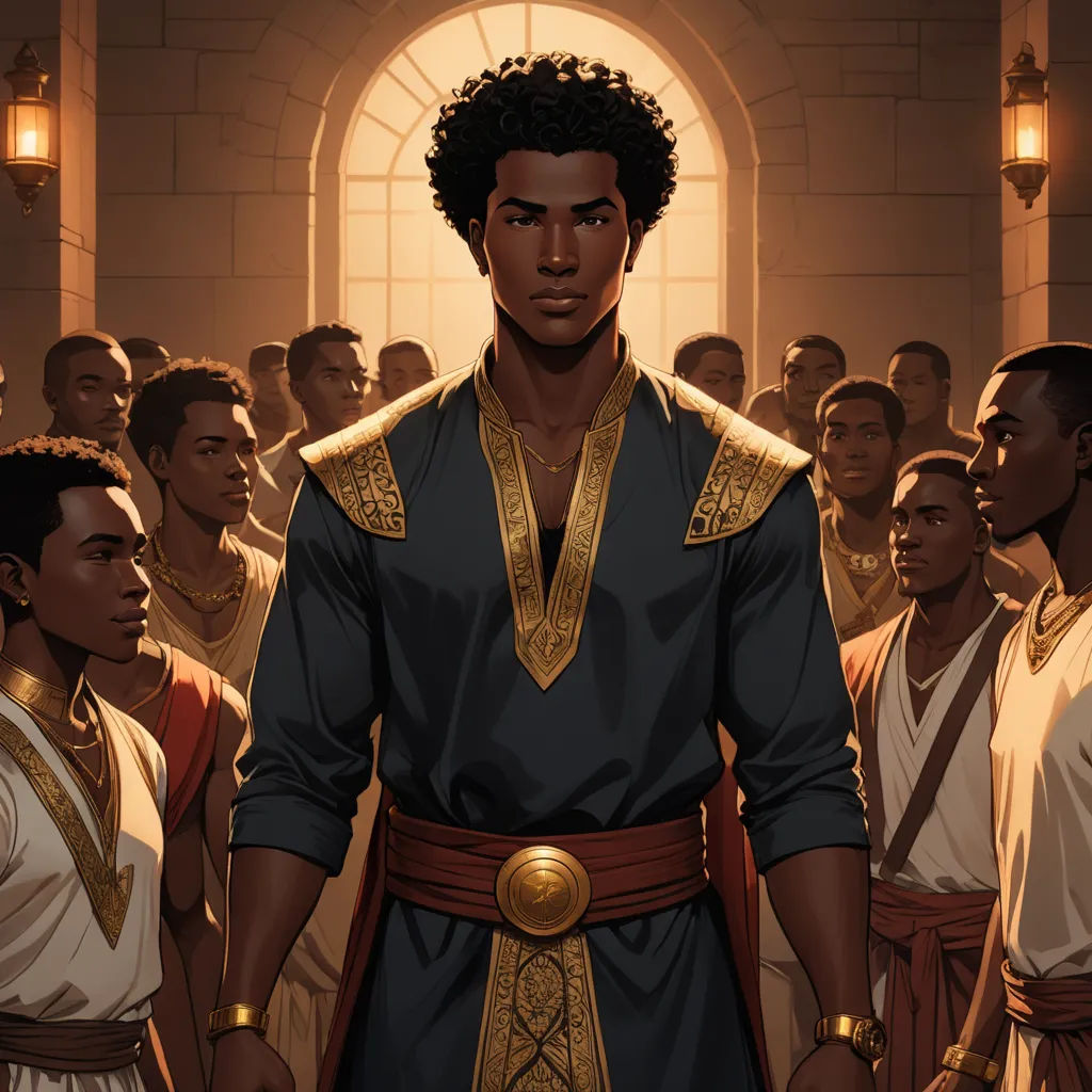 a man in a black and gold outfit standing in front of a group of men in white and gold, afrofuturism, concept art, Cedric Seaut (Keos Masons), graphic novel