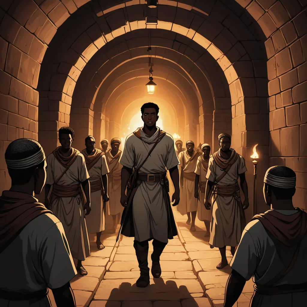 a man in a tunnel with a lot of people around him and a light at the end of the tunnel, afrofuturism, concept art, Cedric Seaut (Keos Masons), comic cover art