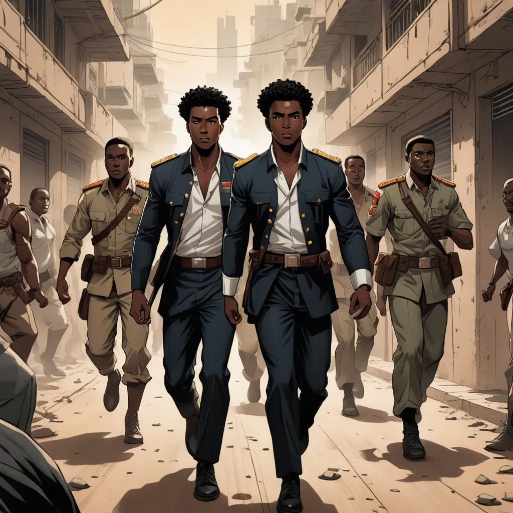 a group of men in uniforms walking down a street in a city with buildings in the background and a man in the foreground, afrofuturism, a comic book panel, Cedric Seaut (Keos Masons), graphic novel