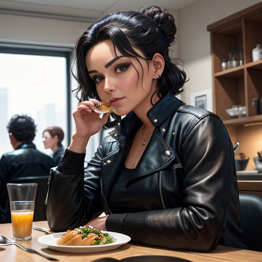 a woman sitting at a table eating food with a glass of orange juice in front of her and a man in the background