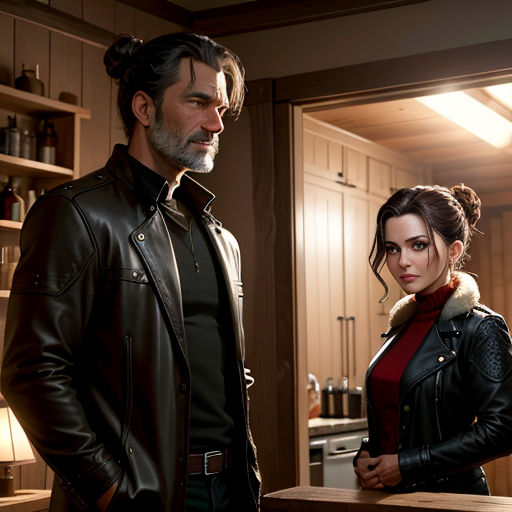 a man and a woman standing in a kitchen next to a counter top with a bottle of wine on it