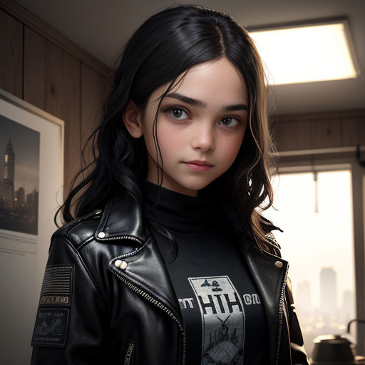 a woman in a black leather jacket standing in a kitchen with a window behind her and a cityscape behind her