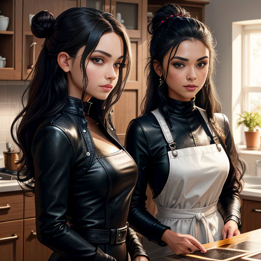 two women in leather outfits are standing in a kitchen together, one of them is holding a tablet and the other is holding a tablet
