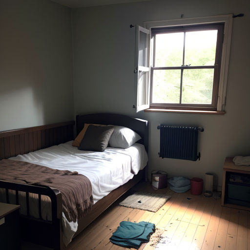a bed sitting in a bedroom next to a window with a blanket on it and a blanket on the floor